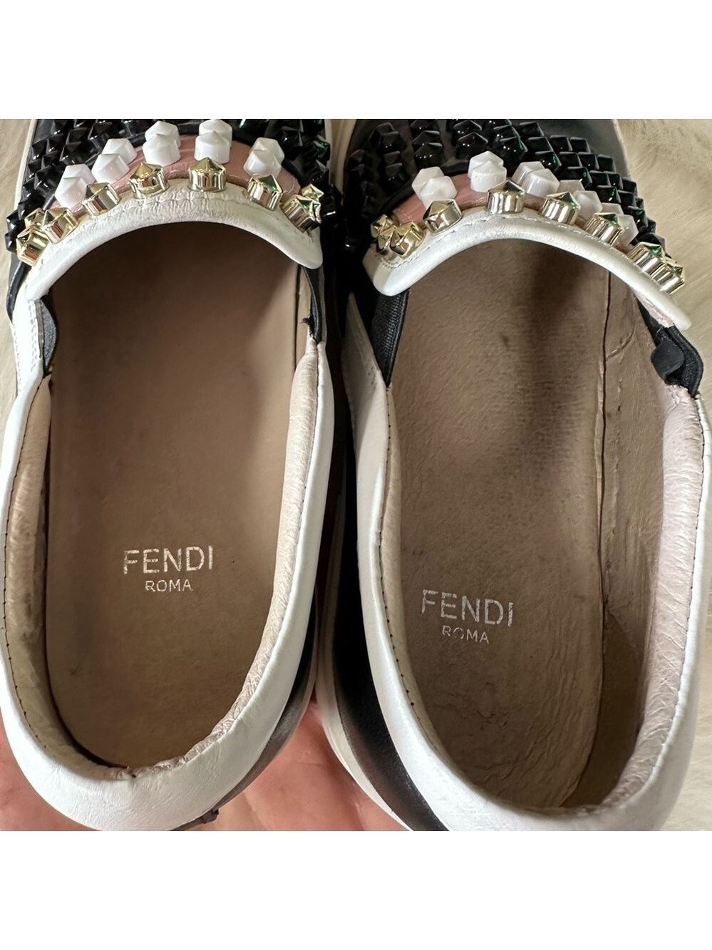 FENDI KARLITO STUDDED LEATHER SLIP ON SNEAKERS WOMENS 37 7 DESIGNER RARE - Picture 6 of 12